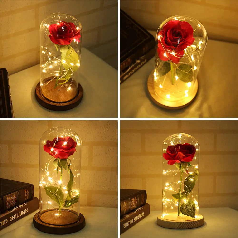 

LED Light Beauty The Beast In Glass Cover Artificial Eternal Rose Christmas Home Decors For Valentines Day Gift Artificial Dried