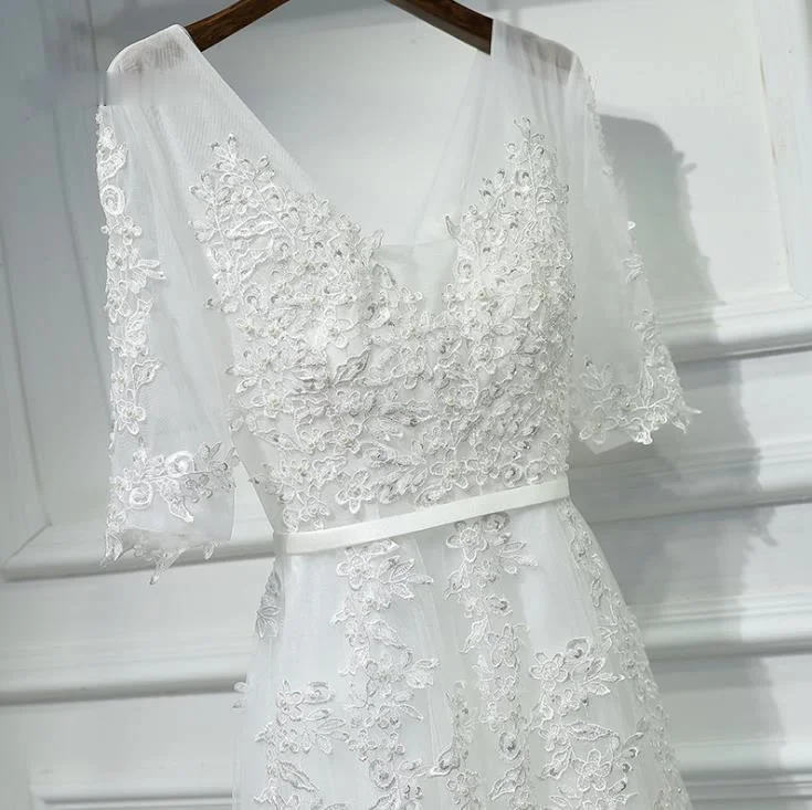 

Zoulv Solid Color V Neck Sequined A Line Lace Appliques Long Evening Dresses Party Half Sleeve Pearls Sash Backless Prom Gowns