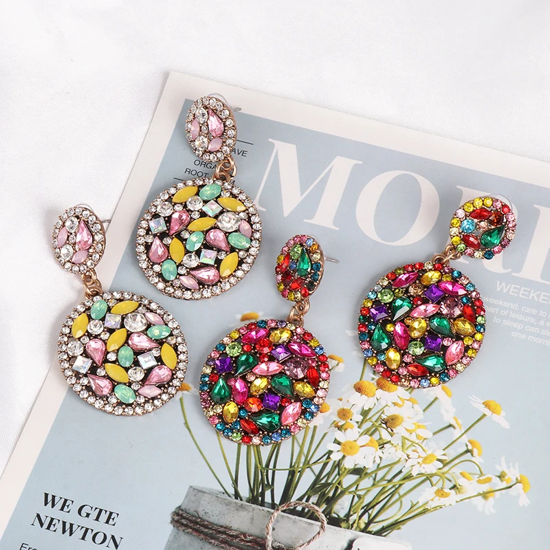 

Wholesale JUJIA Elegant Multi-color Rhinestone Round Drop Earrings Crystal Pendant Dangle Earrings For Women Party Jewelry