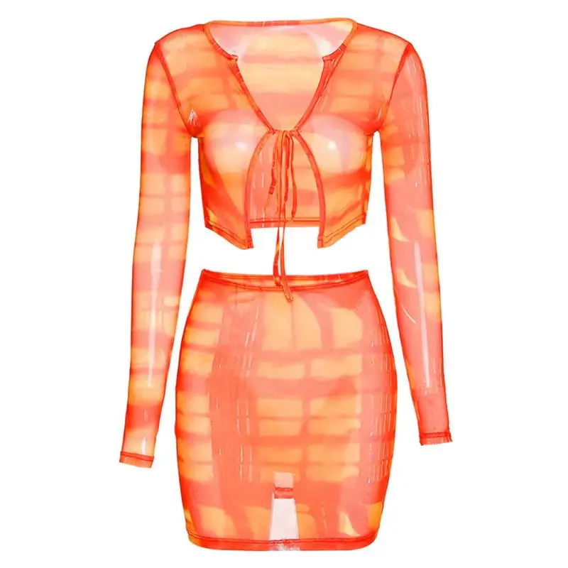 

Women Sexy Sheer Mesh Tie-Dye Outfit Long Sleeve Tie Crop Top High Waist Skirt