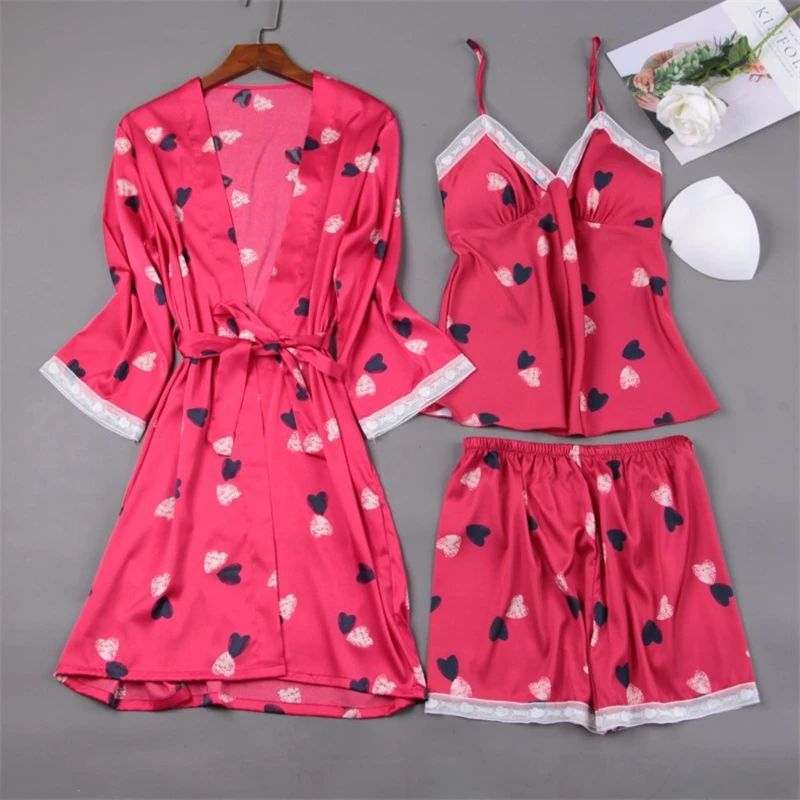 

Summer Pyjamas Sleepwear Lingerie Pijama Mujer Sexy V-Neck Pink Pajamas for Women Satin Pajama Set