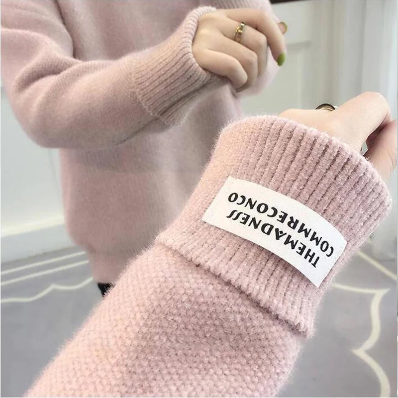 Милая розовая Зимняя водолазка свитер для женщин 2019 утепленный теплый вязаный
