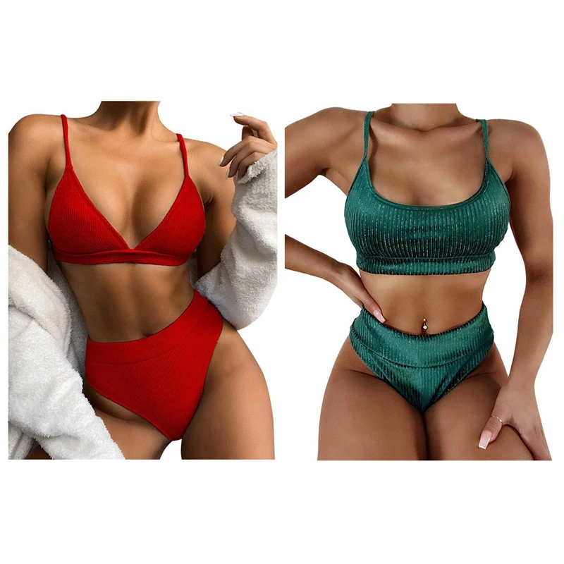 

2 Set Women's Split 2-Piece Swimsuit Solid Color Simple High Waist Bikini Green & Red M
