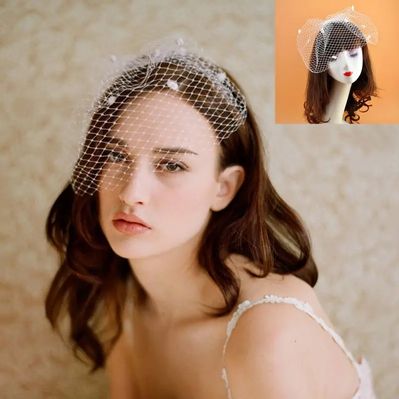 Womens Vinrage Elegant Wedding Fascinator Fishnet Mesh Veil Large Hole Small Plush Wave Point Solid Color Hair Clip |