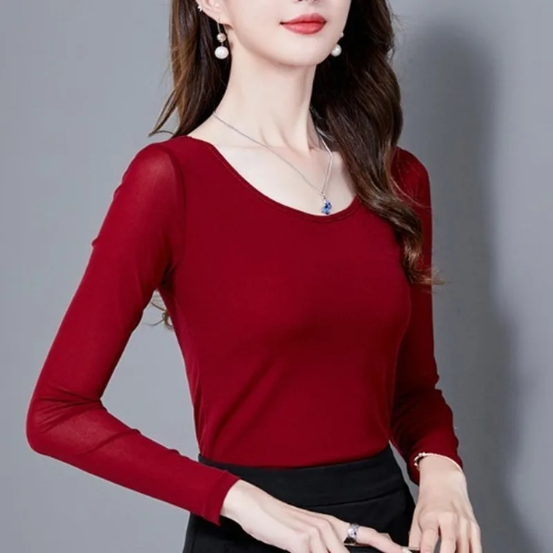 Женская Сетчатая футболка с круглым вырезом и длинными рукавами осенняя 2020 в