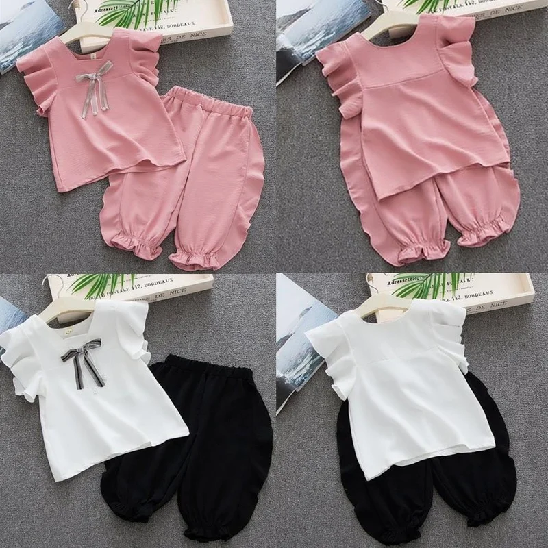 

Summer New Fashion Children Kids Baby Girls Solid T Shirt Tops+Ruffle Loose Pants Outfits Costume Free Ship Roupa Infantil