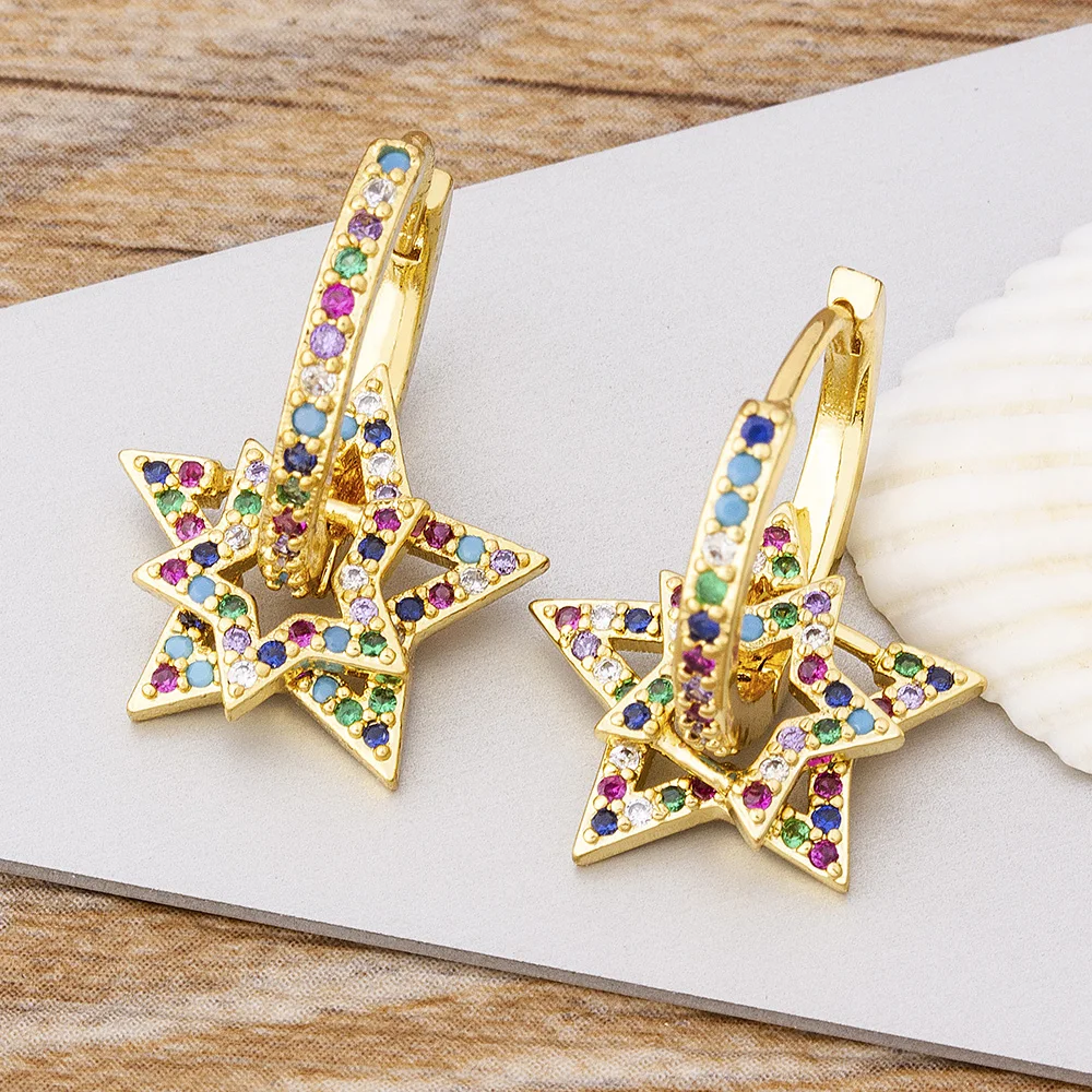 

New Charm Colorful Color Double Layer Star Earrings Copper Cubic Zircon Ear Hole Hoop Earrings For Women Best Party Wedding Gift
