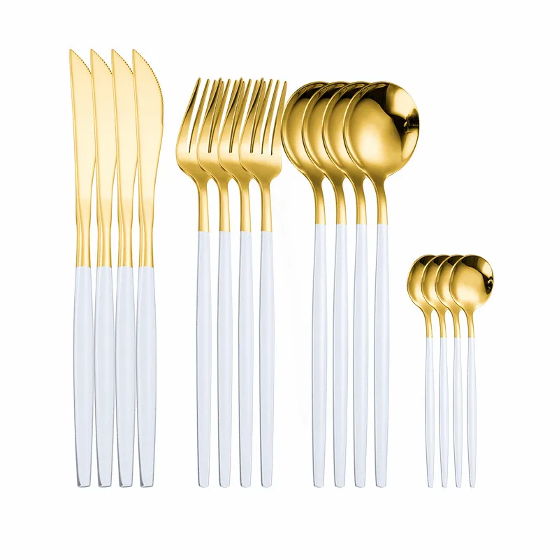 

16Pcs Forks Spoons Knifes Dinnerware Dinner Set Western Flatware Silverware Stainless Steel Tableware Set White Gold Cutlery Set