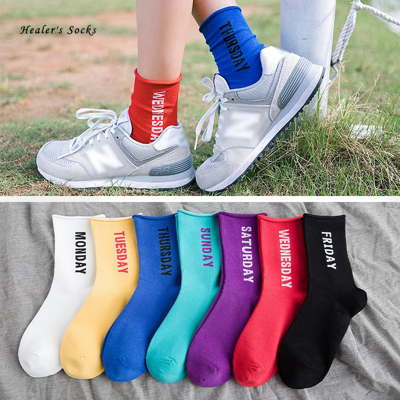 

7 пар/лот надписями для женщин носки для девочек хлопок сплошной Цвет недели Harajuku Забавный счастливый искусство скейтборд классной милой св...