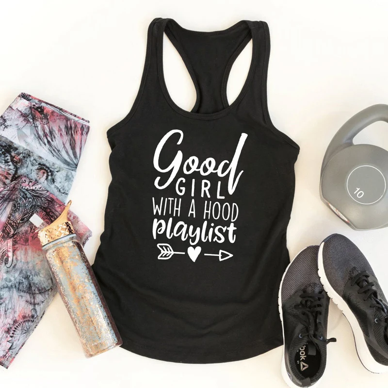 

Casual Workout Shirt Vest Good Girl with A Hood Playlist Arrow Printed Tank Tops Women Racerback Graphic Gym Tanks