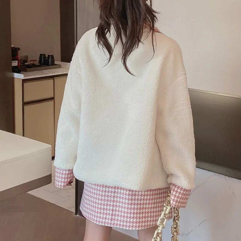 

Autumn Winter 2 Piece Set Women Vintage Houndstooth Skirt Suits Long Sleeve Single Breasted Jacket Coat + Mini Skirt Set Outfits