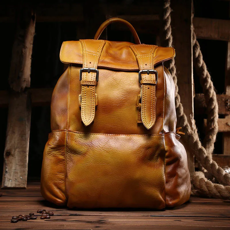 Yellow brown Бренд GO-LUCK, рюкзак из натуральной кожи, унисекс, Повседневная дорожная школьная сумка, сумки через плечо с верхней ручкой для мужчин и женщин - Цвет: Yellow brown
