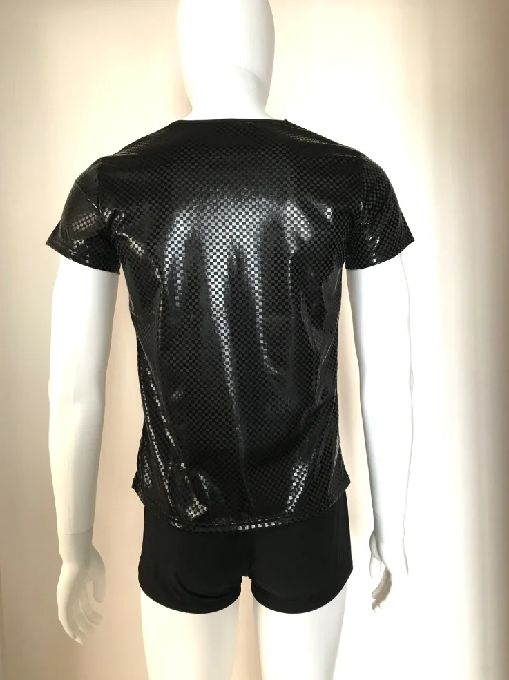 Латексные мужские сексуальные футболки в клетку из искусственной кожи майки