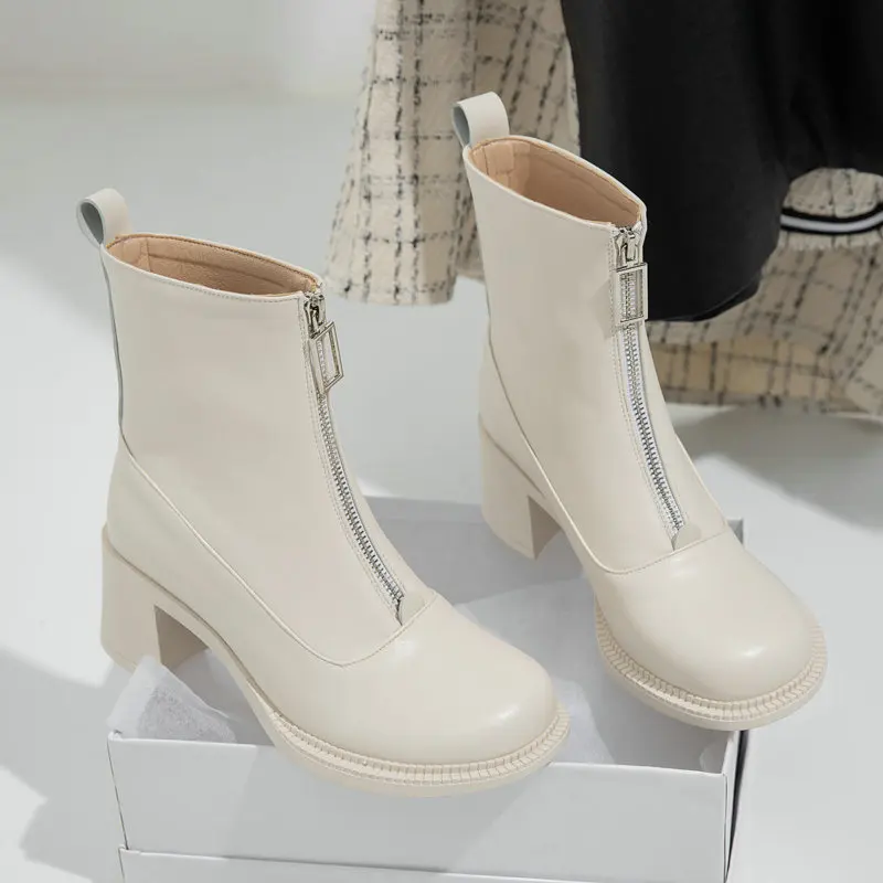 

2021 New Women Ankle Boots Square High Heel Winter Boots Fashion Women Shoes Pu Leather Zipper Casual Women Boots Size 34-43