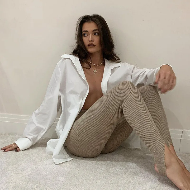 

Rib Knitt Skinny Stretch Streetwear Trousers Leggings Women Autumn Winter Fashion Elastic High Waist Sweatpants Leggings Outfit