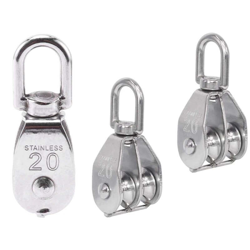 

3 Pcs Steel Wire Pulley Stainless Steel M20 Heavy Duty Rope Pulley Block, 1 Pcs Single Wheel & 2 Pcs Double Pulley