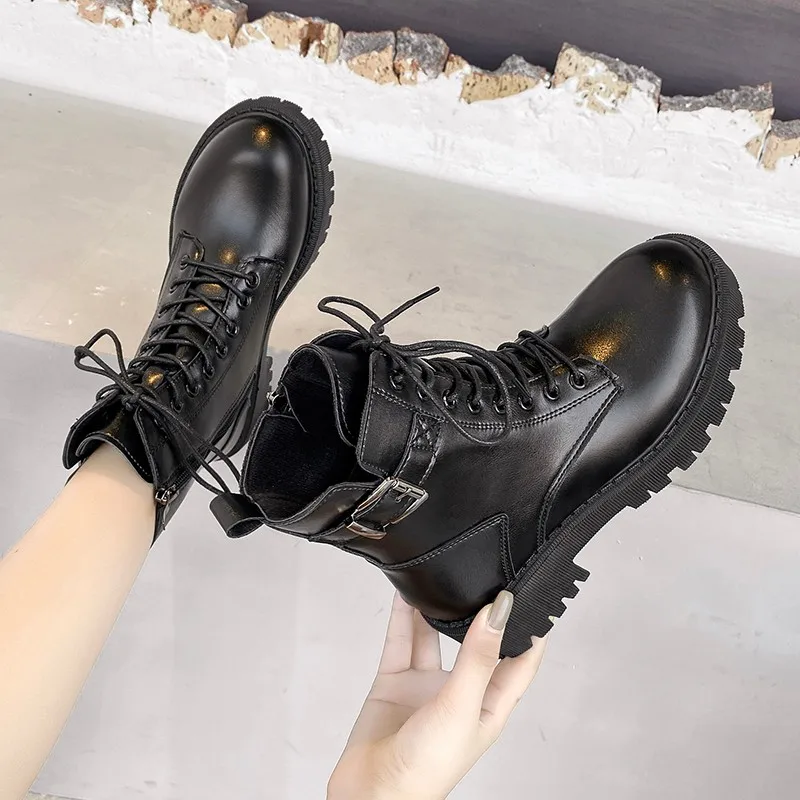 

Ins Hot Motorcycle Boots 2021 Women Fashion Genuine Leather Ankle Boots for Women Chunky Platform New Party Shoes Woman