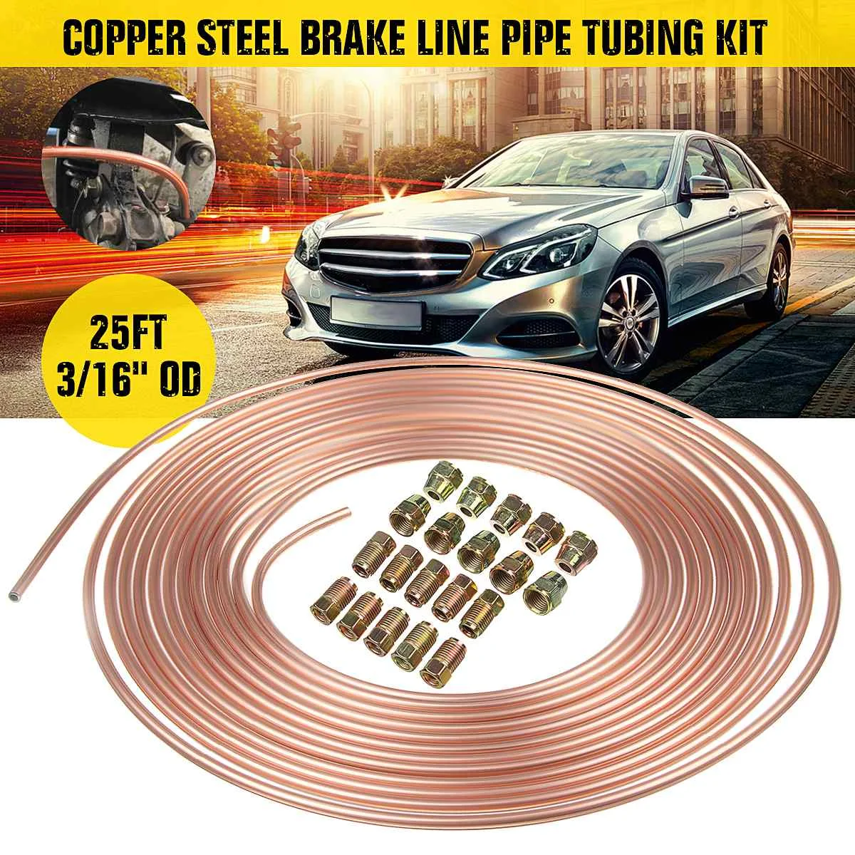 

25 FT 7.62M Roll Tube Coil of 3/16"OD Anti Rust Copper Brake Pipe Hose Line Fuel Tubing Kit with 20 Pcs Tube Nuts Fittings