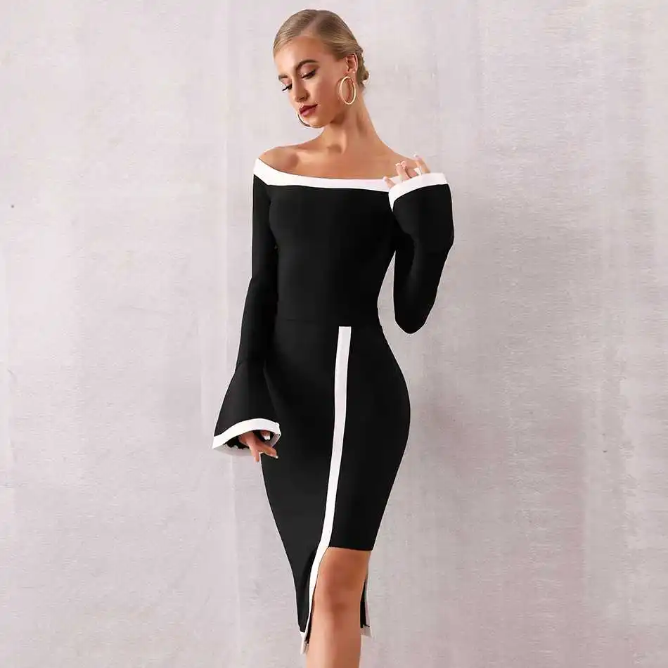 Женское облегающее платье Seamyla черное лоскутное с длинным рукавом и открытыми