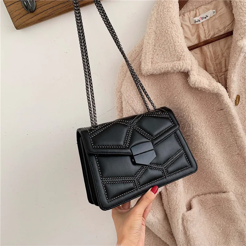 

New Rivet Chain Designer PU Leather Crossbody Bags for Women 2021 Simple Fashion Shoulder Bag Lady Luxury Small Travel Handbags