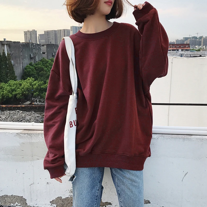 

Spring Autumn Harajuku Sweatshirts Women Korean Casual O Neck Drop Shoulder Solid Color Loose Thin Hoodies for Student 2020