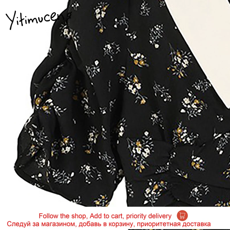 

Yitimuceng Vintage Floral Print Dresses Women Summer Bow High Waist Puff Sleeve A-Line Black 2021 Korean Fashion New Midi Dress