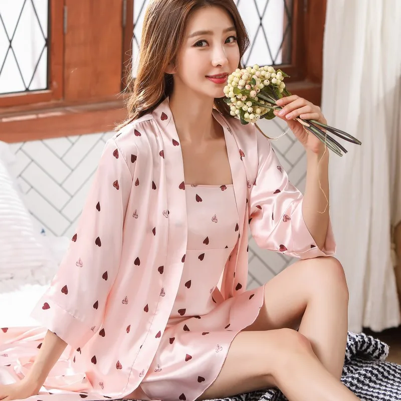 

Satin Nightwear Kimono Robe Gown Women Bathrobe Print Sleepwear Intimate Lingerie Silky Sleepwear 2PCS Sleep Set Home Clothes