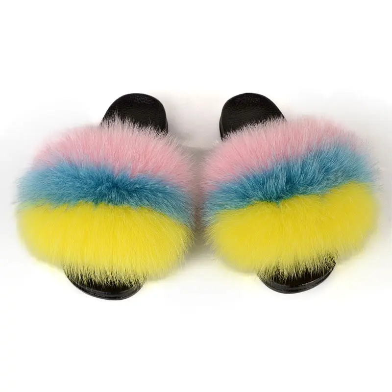 

Women's Furry Fur Slides Ladies Lovely Fluffy Slippers Girl Summer Plush Sandals Real Fox Fur Flat Shoes Lady Beach Flip Flops