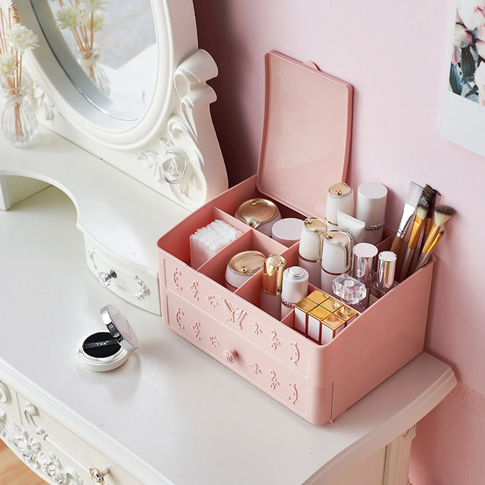 

Two Drawers Lipstick Storage Box Multiple Compartments Cosmetics Holder Desk Organizer for Makeup Brushes Jewelry (White)