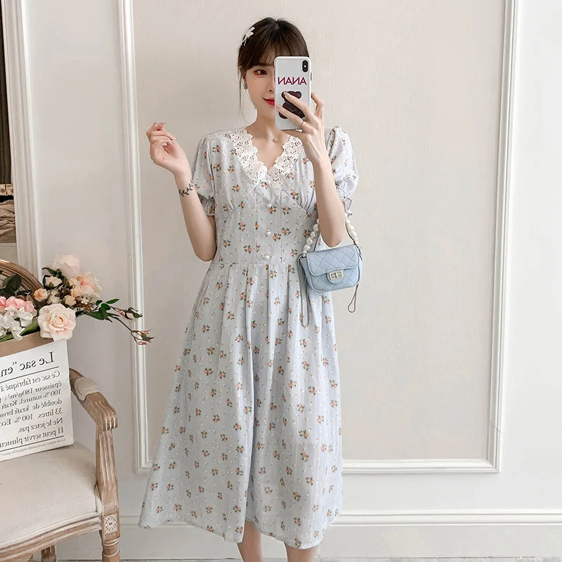 

3101# Summer Korean Fashion Maternity Long Dress Sweet V Neck A Line Slim Clothes for Pregnant Women Elegant Floral Pregnancy
