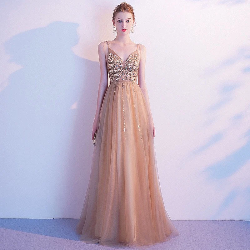 

Beading Spaghetti Straps Prom Dresses Sleeveless Champagne Gold Long Evening Dress 2022 V-Neck A-line Backless Formal Party Gown