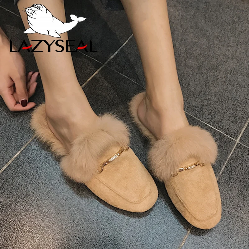 

LazySeal New Furry Slippers Real Fur Mules Shoes Women Slippers Square Toe Women Flip Flops Metal Decoration Ladies Slides Woman