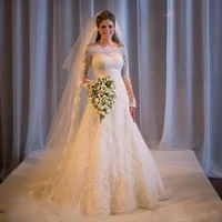 elegant long sleeves a line wedding dress lace appliques long dress with sweep train bridal gown formal party vestido de noiva