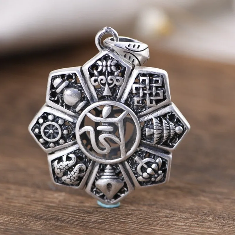 

Real 100% s999 silver jewelry Sanskrit six-character mantra swastika rotatable eight-treasure lotus flower Man and woman pendant