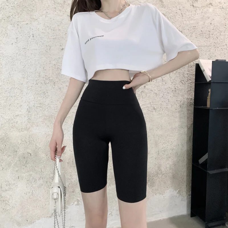 

Harajpee Leggings Solid Underpants Women Summer Thin High Waist Slim Hip Lifting Sheath Elastic Outwear Knee-Length Shorts 2021