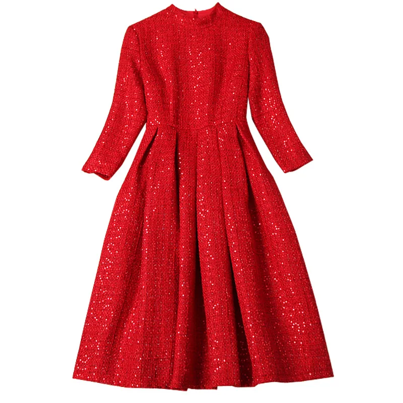 

Medium Length Tweed New Bright Silk Winter Women Three Quarter Sleeve Stand Party Cuaual A-line Dress