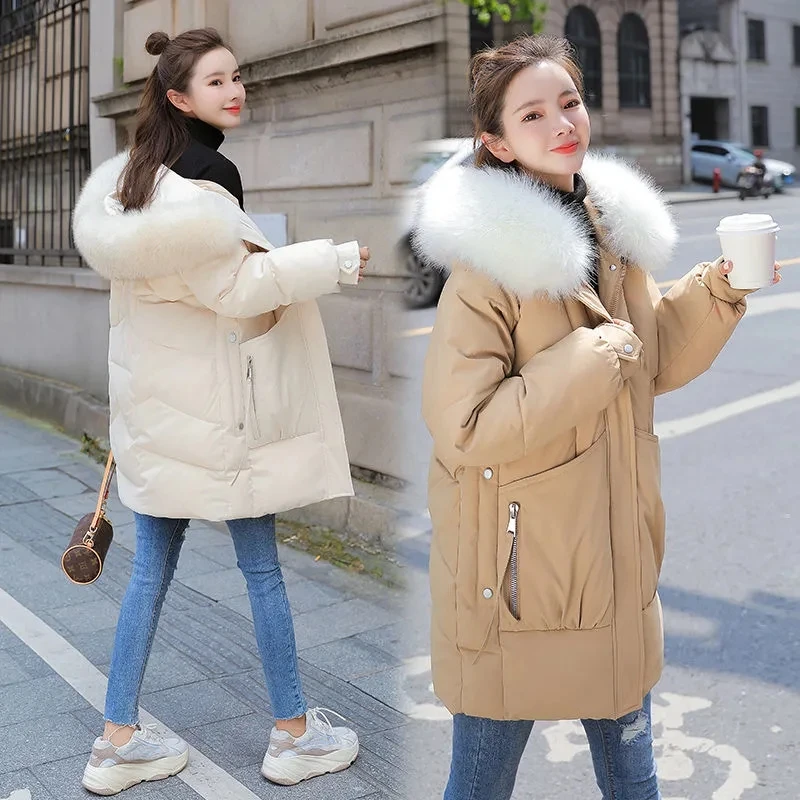 

Jackets for Women 2021 Winter Coat Mid-Length Loose Large Fur Collar Hooded Parkas Female Puffer Feather Thick Warm Down Jacket