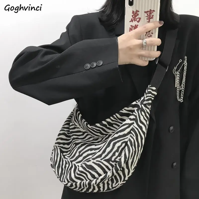 

Fashion Zebra Pattern Shoulder Bags Women Canvas Dumpling Bag Vintage Large Capacity Students Harajuku Handbags All-match Hobes