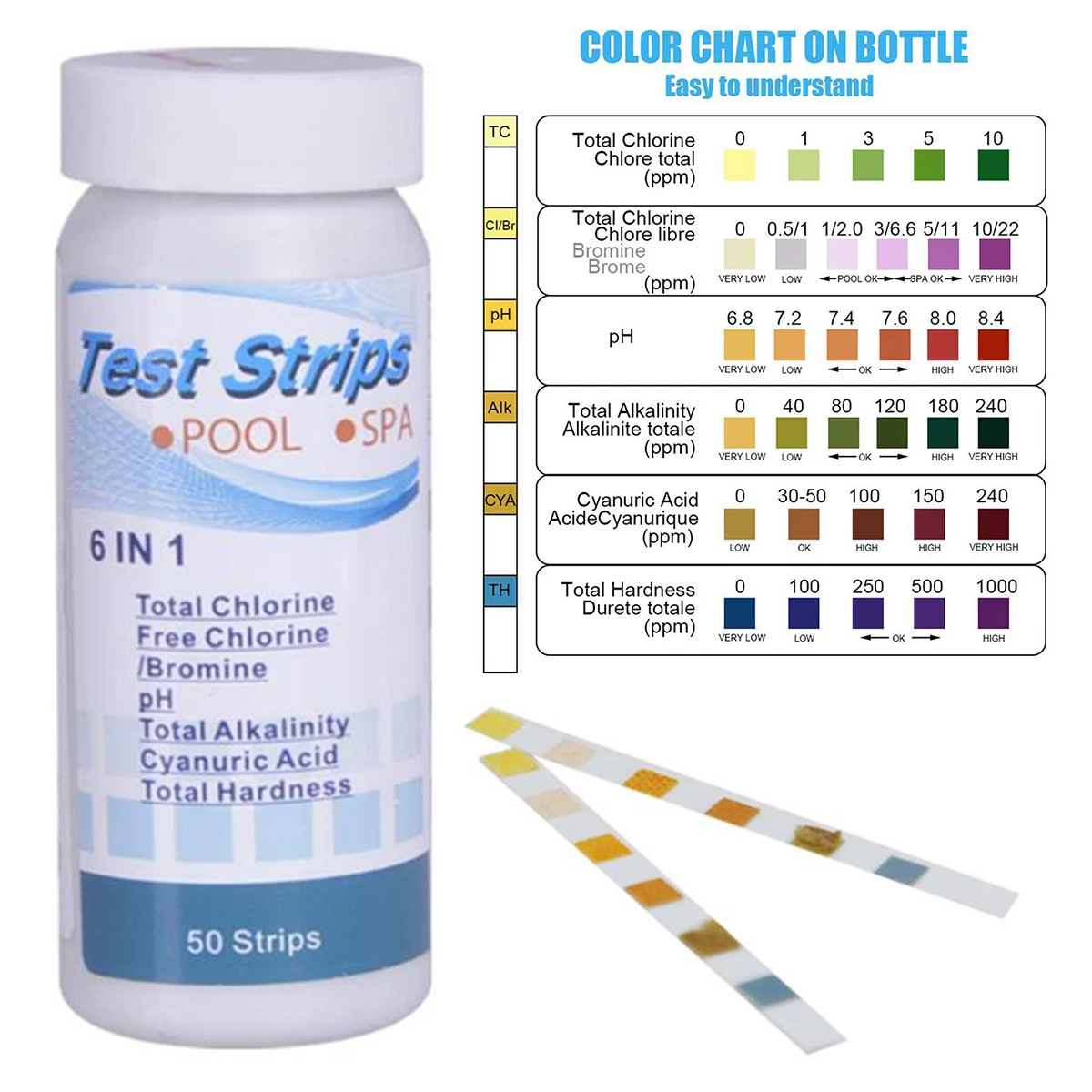 

50pcs/Bottle 6 In1 Acid Water Hardness Swimming Pool Spa Chlorine Test Strip Alkalinity PH Cyanuric Bromine Pool & Accessories
