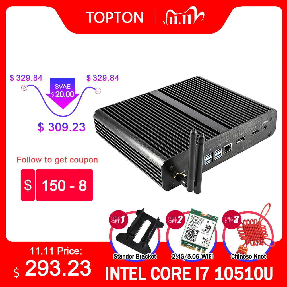 Topton безвентиляторный мини ПК i7 8565U 8550U виски озеро 4 ядерный 8 нитей 2 * DDR4 M.2 PCIe Мини