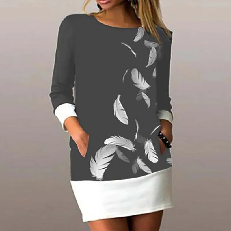 

Women Casual Flower Print Patchwork 2021 Spring Office Ladies Slim Straight Dress Elegant Female Pockets Party Dress