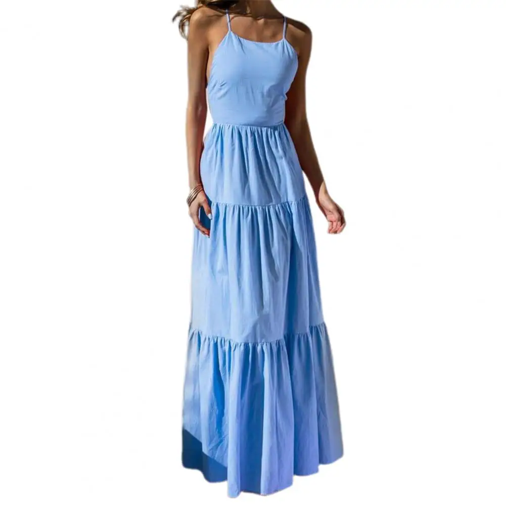 

80% Dropshipping!!2021 Ladies Sleeveless Halter Lace-up Long Dress Summer Vacation Fashion Dress