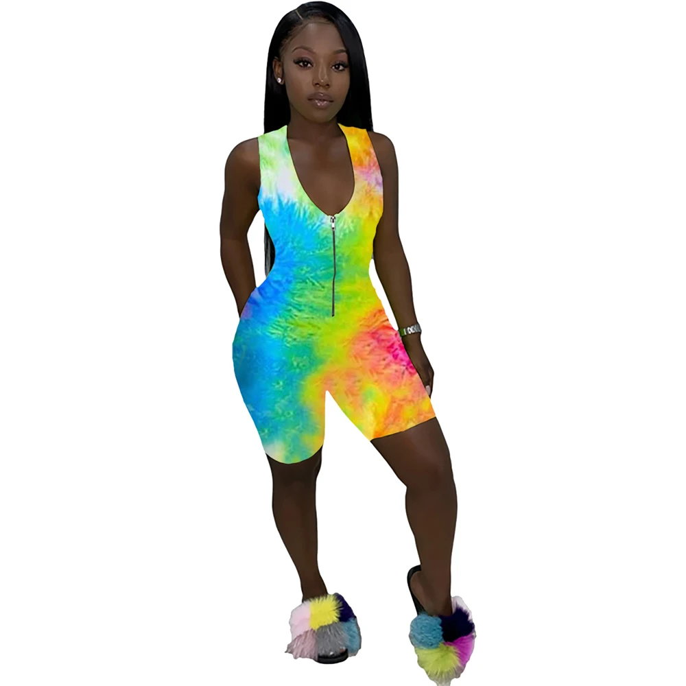 

Women Sexy Bodycon Playsuit Gradient Vest Jumpsuits Zipper Tie-Dye Printed Fitness Short Pants Female Rompers Summer Clothing