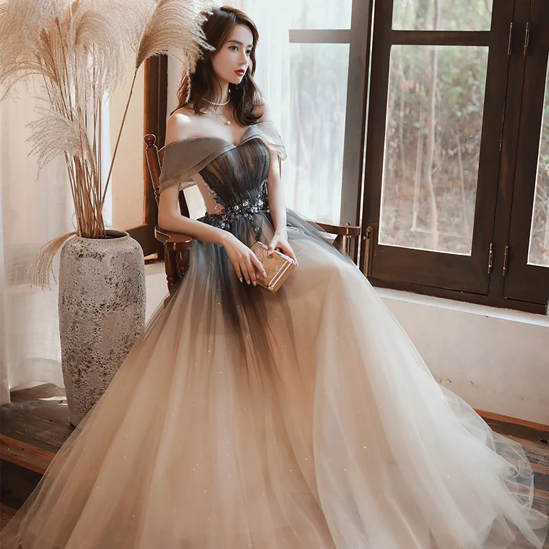 

French Style Women's Evening Dresses Boat Neck Strapless Beading Gradient Color Slim Dress Backless Lace Up Valentine's Day Gown