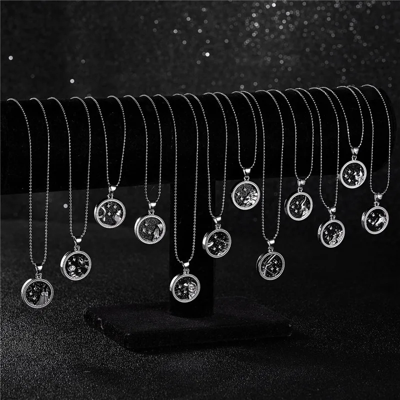 

Simple 12 Constellation Couple Necklace Round Starry Sky Pendant Alloy Fashion Paper Card Men&Women Casual Trendy Gift Jewelry