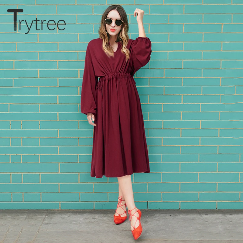 

Trytree 2021 Демисезонный женское платье с v-образным вырезом с высокой талией пышное платье для девочек трапециевидной формы с рукавами на обувь...