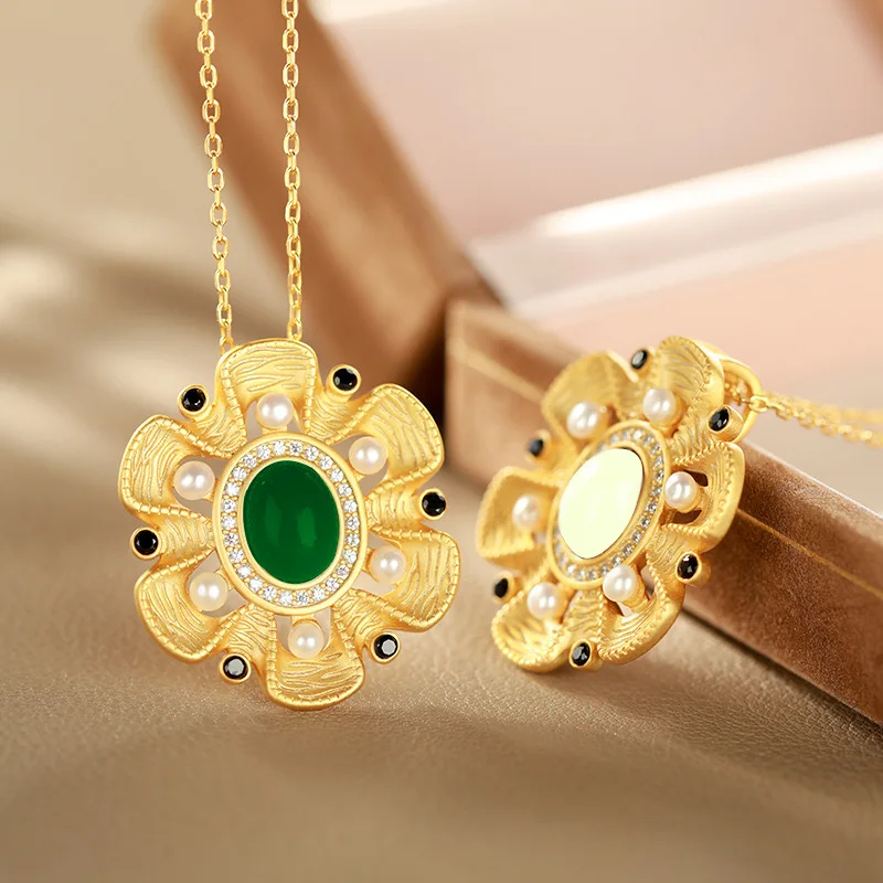 

Elegant Female Charm Baroque Court Style Pearl Hotan Jasper White Jade Stone Pendants Necklace Minorities Vintage Gold Jewelry