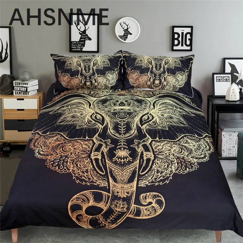 

AHSNME Tribal Elephant Bedding Set Boho Mandala Golden Design Ethnic Indian God Ganesha Duvet Cover Indian Symbol Bed Set