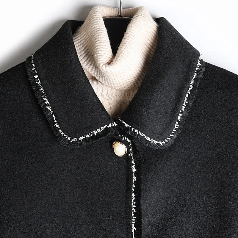 

Autumn And Winter New Black Small Fragrant Double-sided Cashmere Loose Single-row Pearl Buckle Mid-length Woolen Coat Women B142