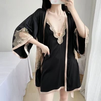 women black lace contrast nightgowns fine brides spaghetti strap sleeping robes and night gown 2 pieces pajama sets homewear